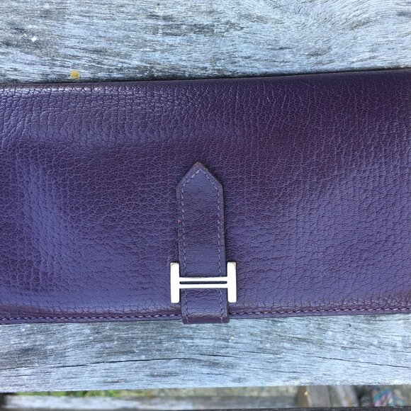 Auth Hermes Chevre Leather Raisin Purple Bearn Wallet - Picture 1 of 11